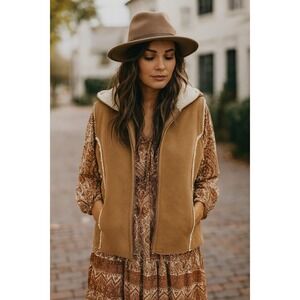 LRL Lauren Ralph Lauren Hooded Vest Sherpa Fleece Full Zip Tan Cream Large